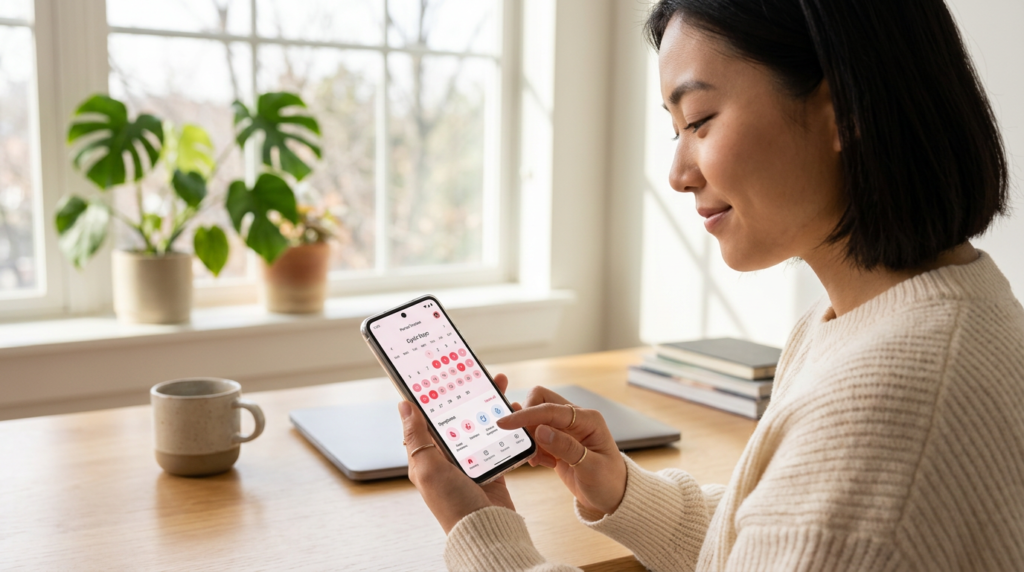 [Image Suggestion: A woman checking her phone calendar with a calm, confident expression. Alt text: "using a calculator for periods on a smartphone"]