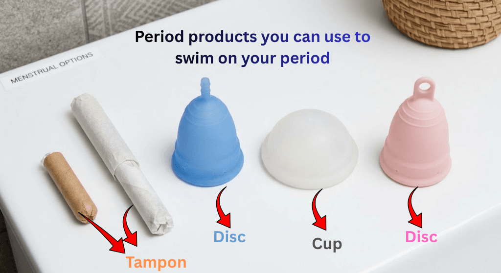 Woman preparing to swim on your period with a towel and supplies