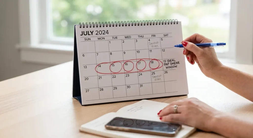 [Image suggestion Calendar with a circled mid-cycle date, symbolizing appointment planning. Alt text Calendar showing ideal Pap smear scheduling window]
