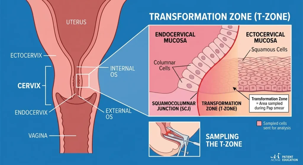 [Image suggestion Simple diagram showing the cervix and transformation zone. Alt text Diagram of cervix transformation zone sampled during Pap smear]